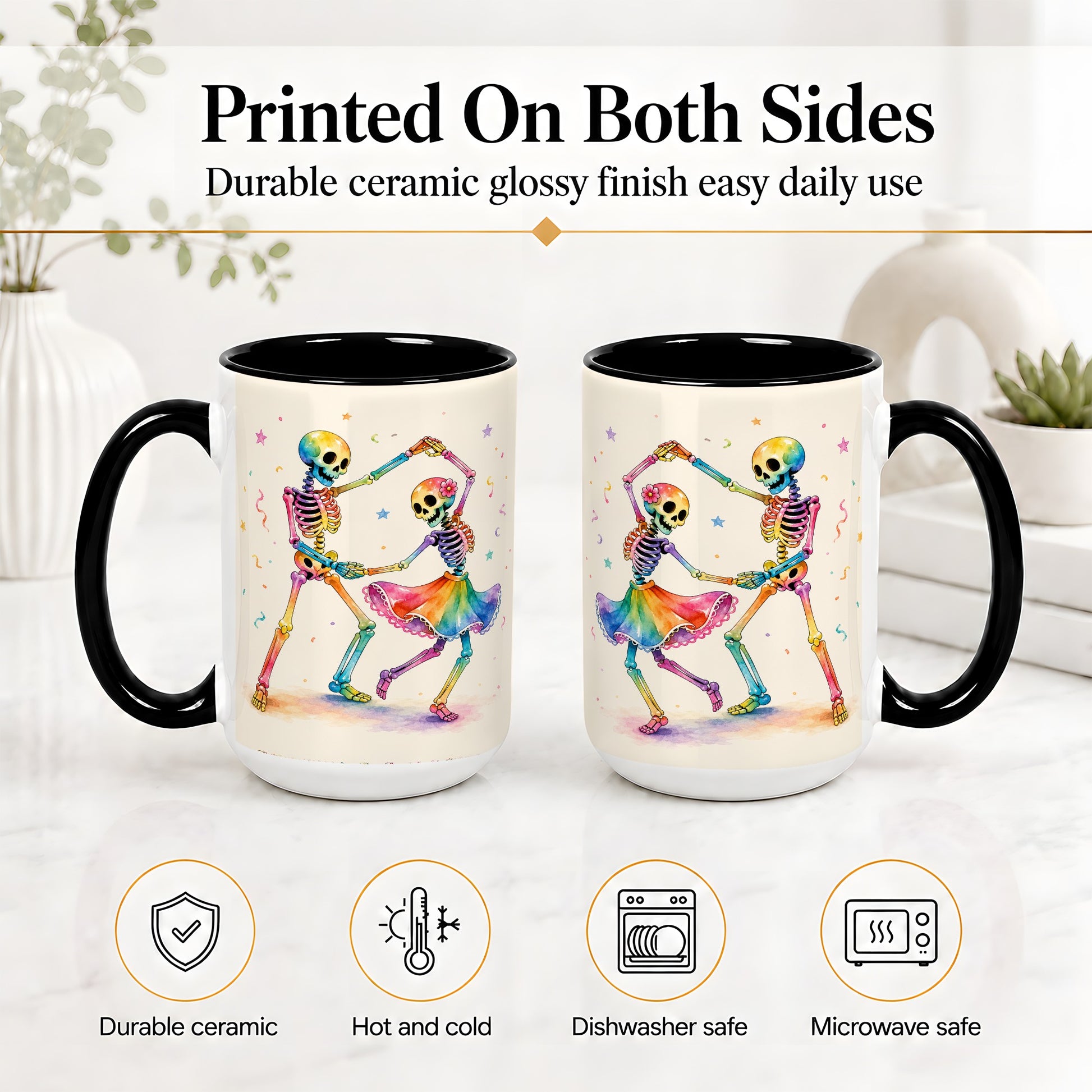 #pl[15oz|Black] Rainbow Skeleton Dance Accent Mug, Ceramic Mug with Colorful Artwork