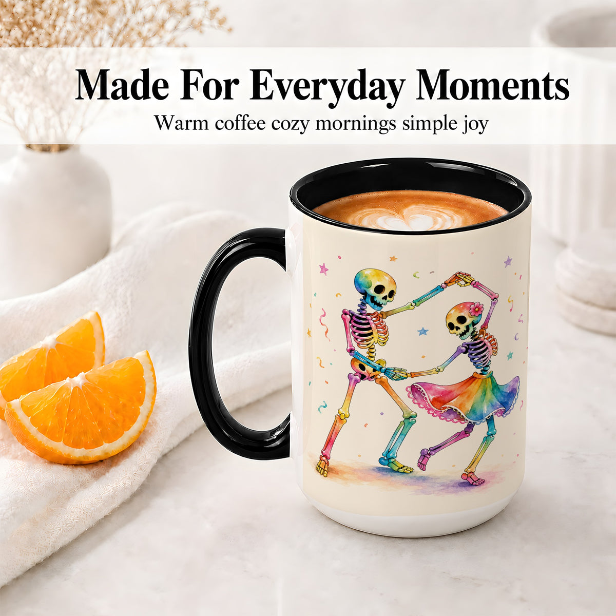 #pl[15oz|Black] Rainbow Skeleton Dance Accent Mug, Ceramic Mug with Colorful Artwork