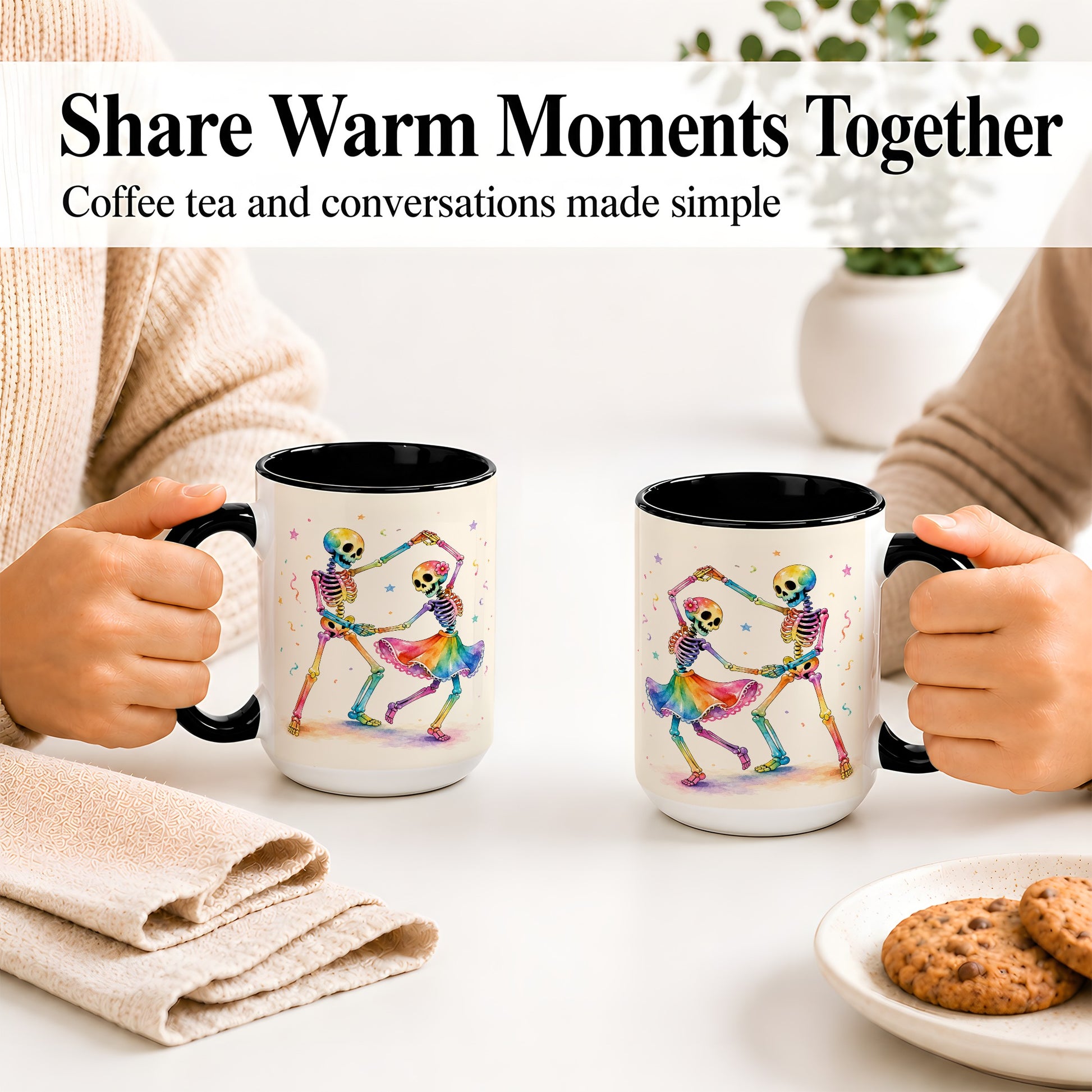 #pl[15oz|Black] Rainbow Skeleton Dance Accent Mug, Ceramic Mug with Colorful Artwork