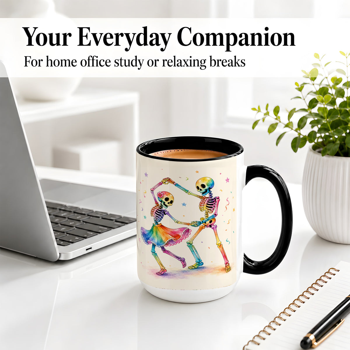 #pl[15oz|Black] Rainbow Skeleton Dance Accent Mug, Ceramic Mug with Colorful Artwork