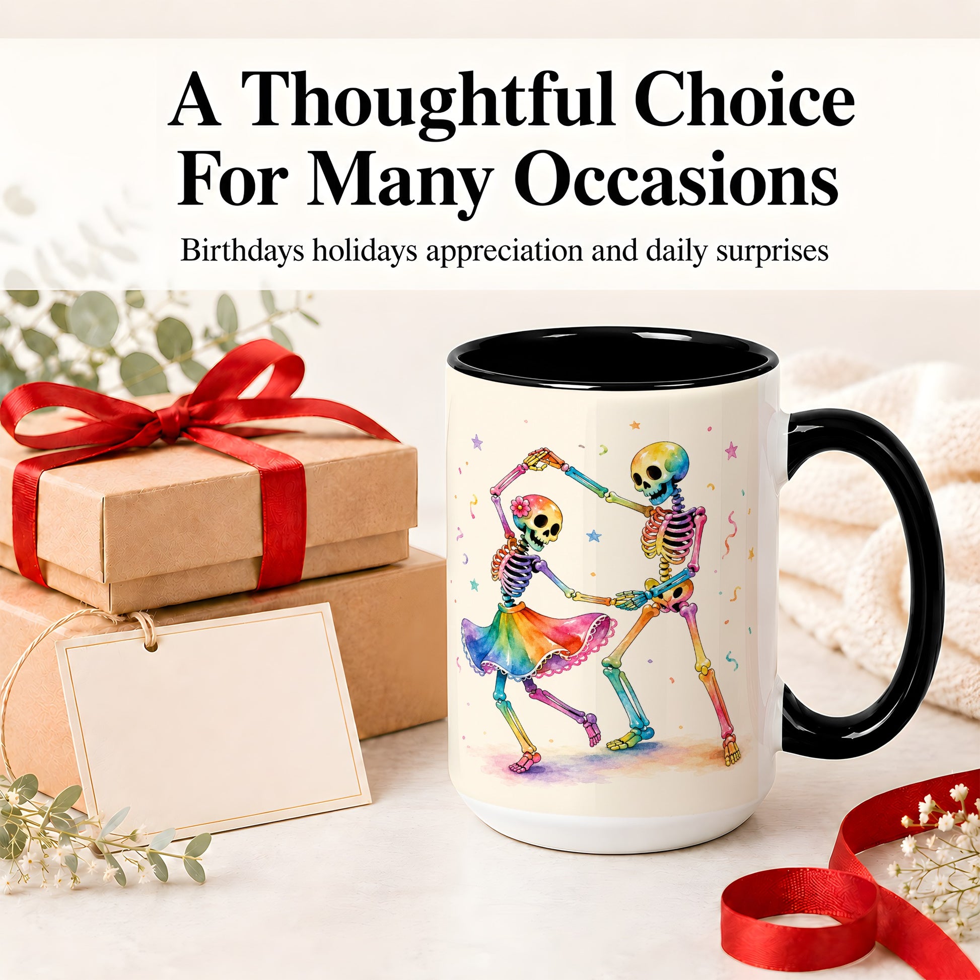 #pl[15oz|Black] Rainbow Skeleton Dance Accent Mug, Ceramic Mug with Colorful Artwork