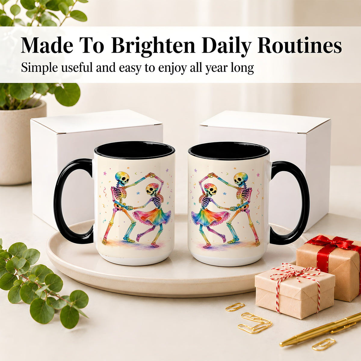 #pl[15oz|Black] Rainbow Skeleton Dance Accent Mug, Ceramic Mug with Colorful Artwork