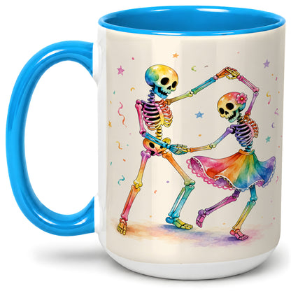 #pl[15oz|Blue] Rainbow Skeleton Dance Accent Mug, Ceramic Mug with Colorful Artwork