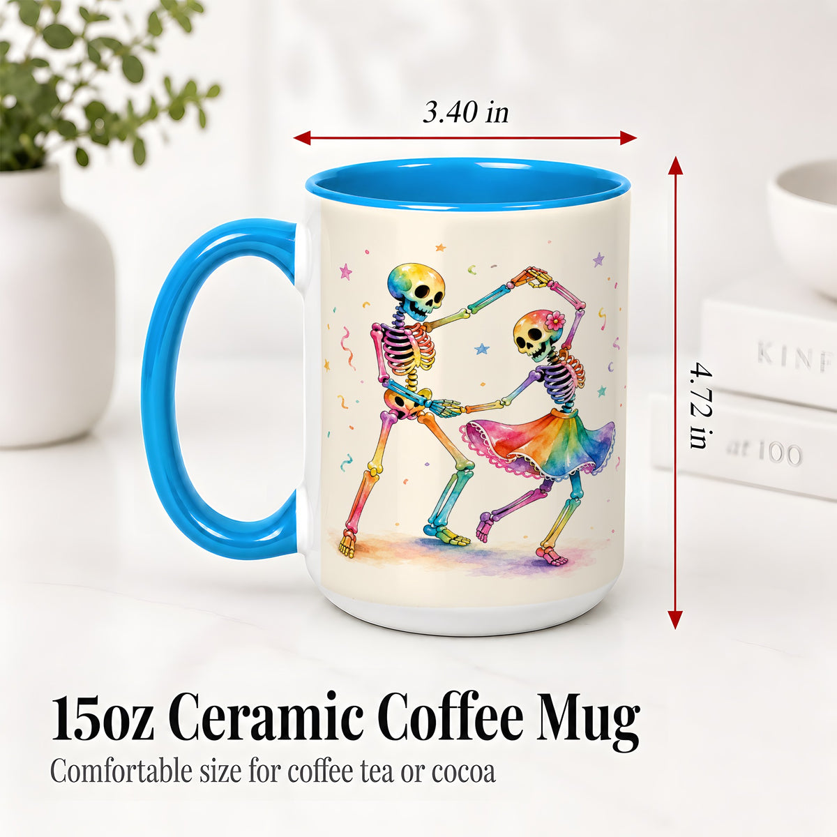 #pl[15oz|Blue] Rainbow Skeleton Dance Accent Mug, Ceramic Mug with Colorful Artwork