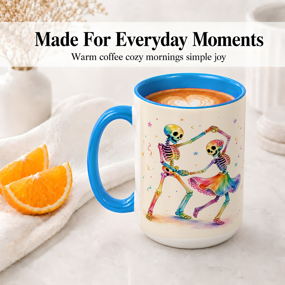 #pl[15oz|Blue] Rainbow Skeleton Dance Accent Mug, Ceramic Mug with Colorful Artwork