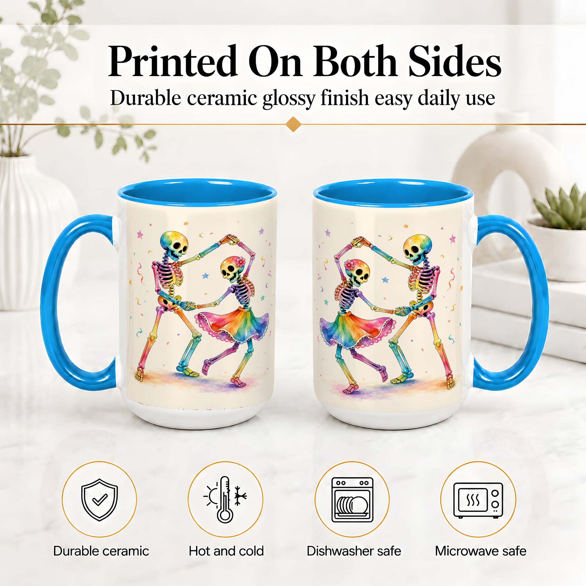#pl[15oz|Blue] Rainbow Skeleton Dance Accent Mug, Ceramic Mug with Colorful Artwork