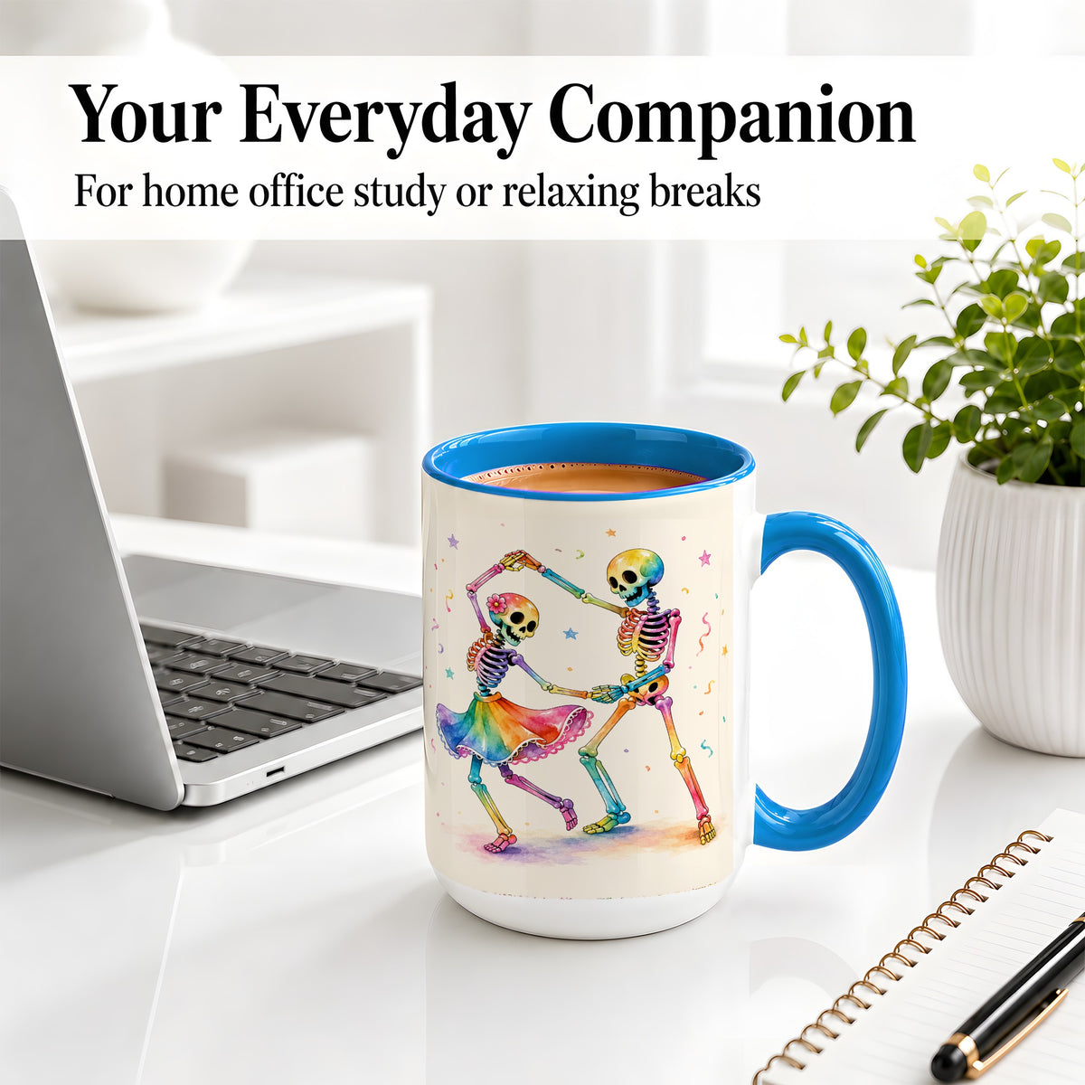 #pl[15oz|Blue] Rainbow Skeleton Dance Accent Mug, Ceramic Mug with Colorful Artwork