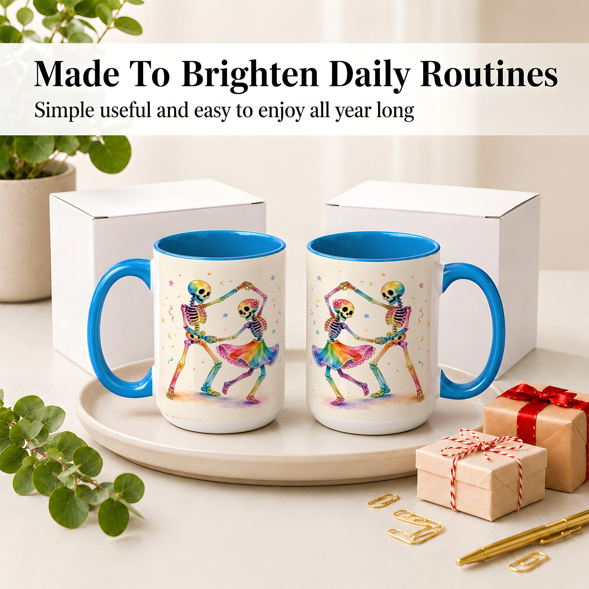 #pl[15oz|Blue] Rainbow Skeleton Dance Accent Mug, Ceramic Mug with Colorful Artwork