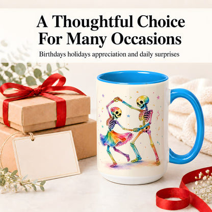 #pl[15oz|Blue] Rainbow Skeleton Dance Accent Mug, Ceramic Mug with Colorful Artwork