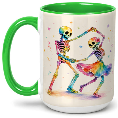 #pl[15oz|Green] Rainbow Skeleton Dance Accent Mug, Ceramic Mug with Colorful Artwork