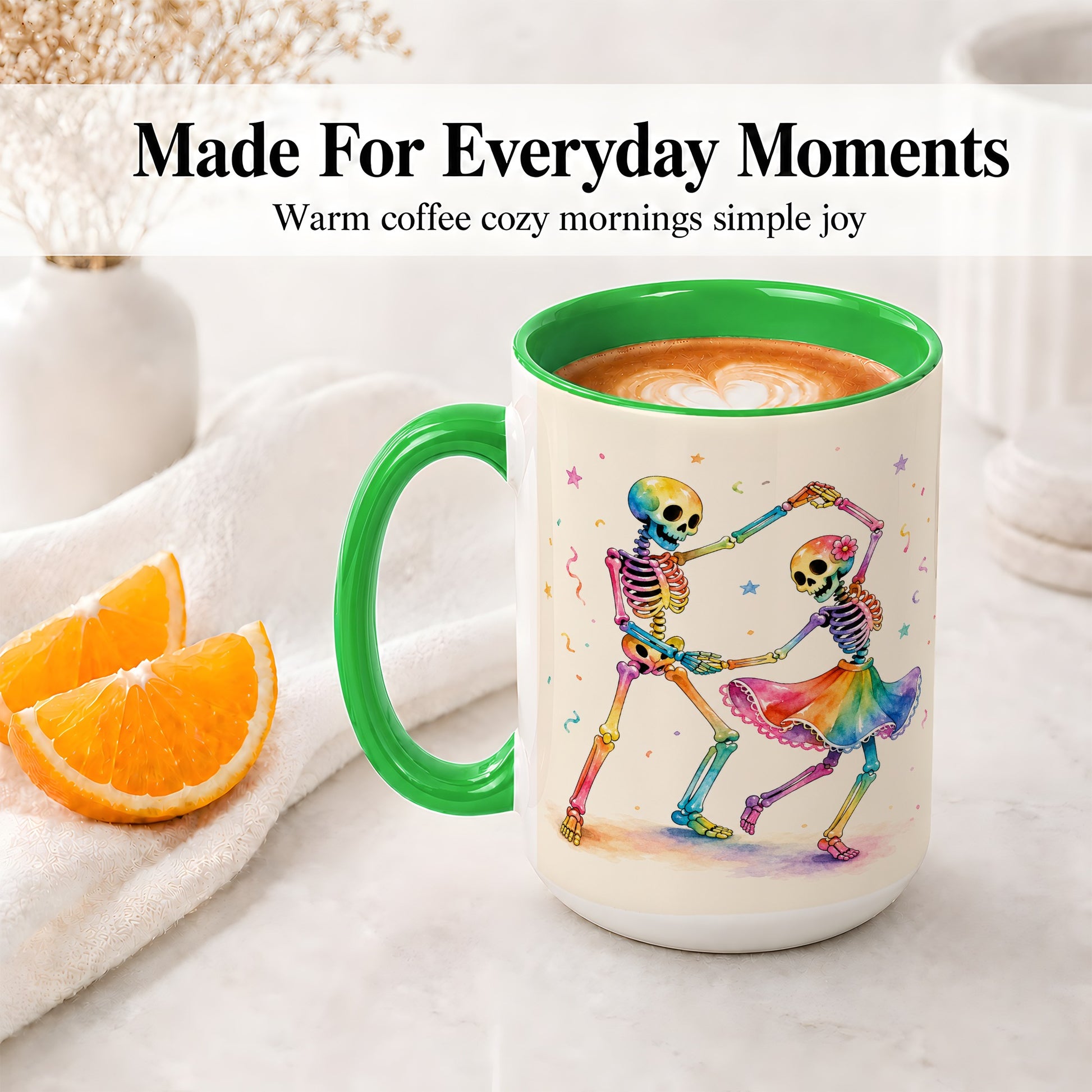 #pl[15oz|Green] Rainbow Skeleton Dance Accent Mug, Ceramic Mug with Colorful Artwork