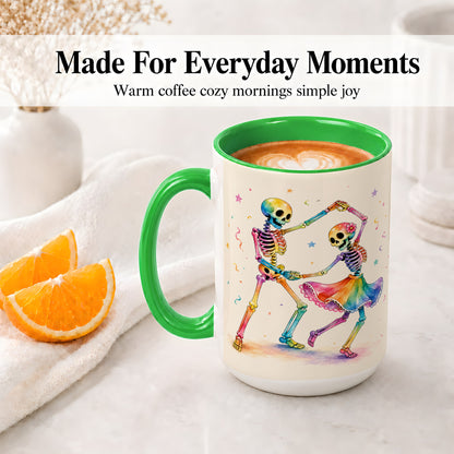 #pl[15oz|Green] Rainbow Skeleton Dance Accent Mug, Ceramic Mug with Colorful Artwork