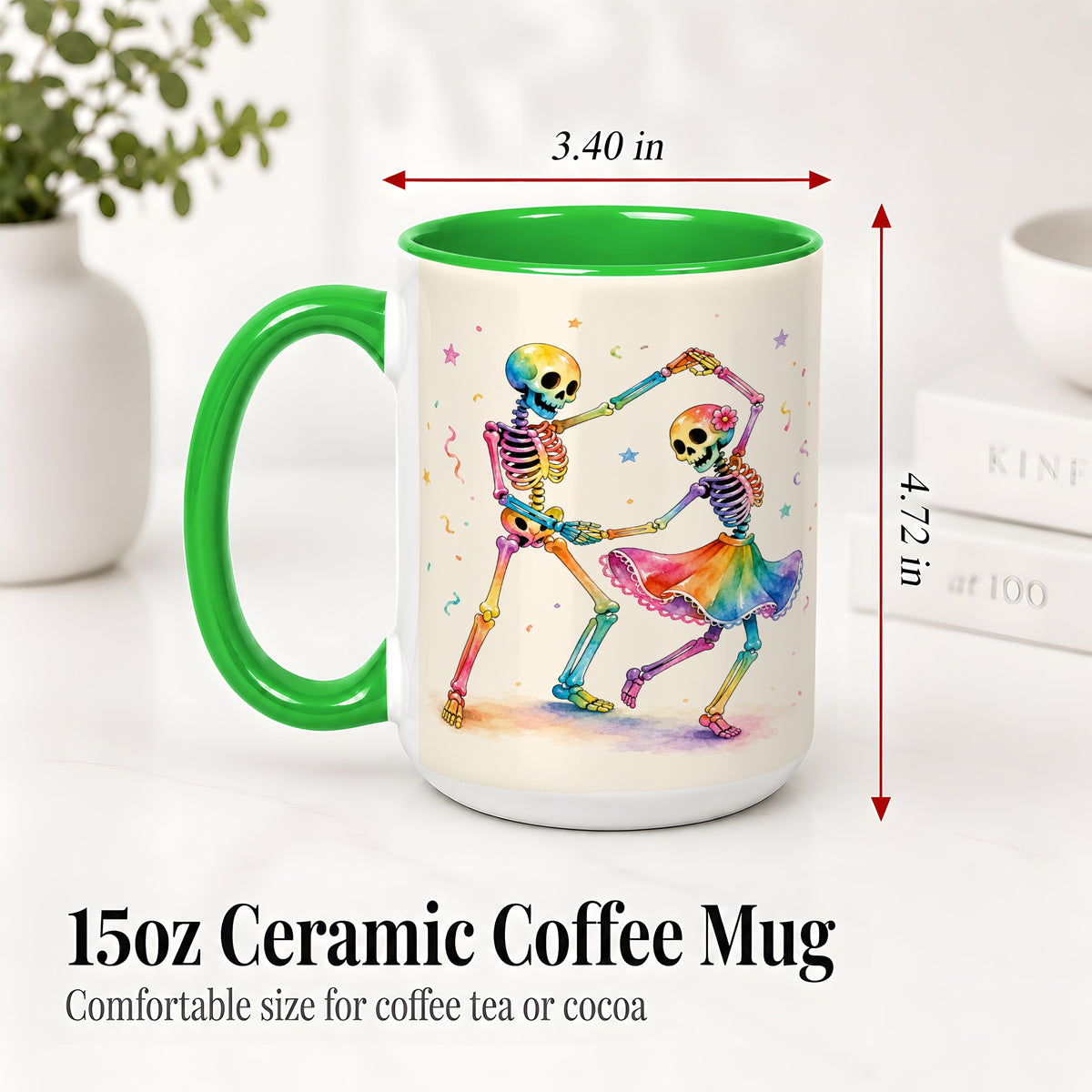 #pl[15oz|Green] Rainbow Skeleton Dance Accent Mug, Ceramic Mug with Colorful Artwork
