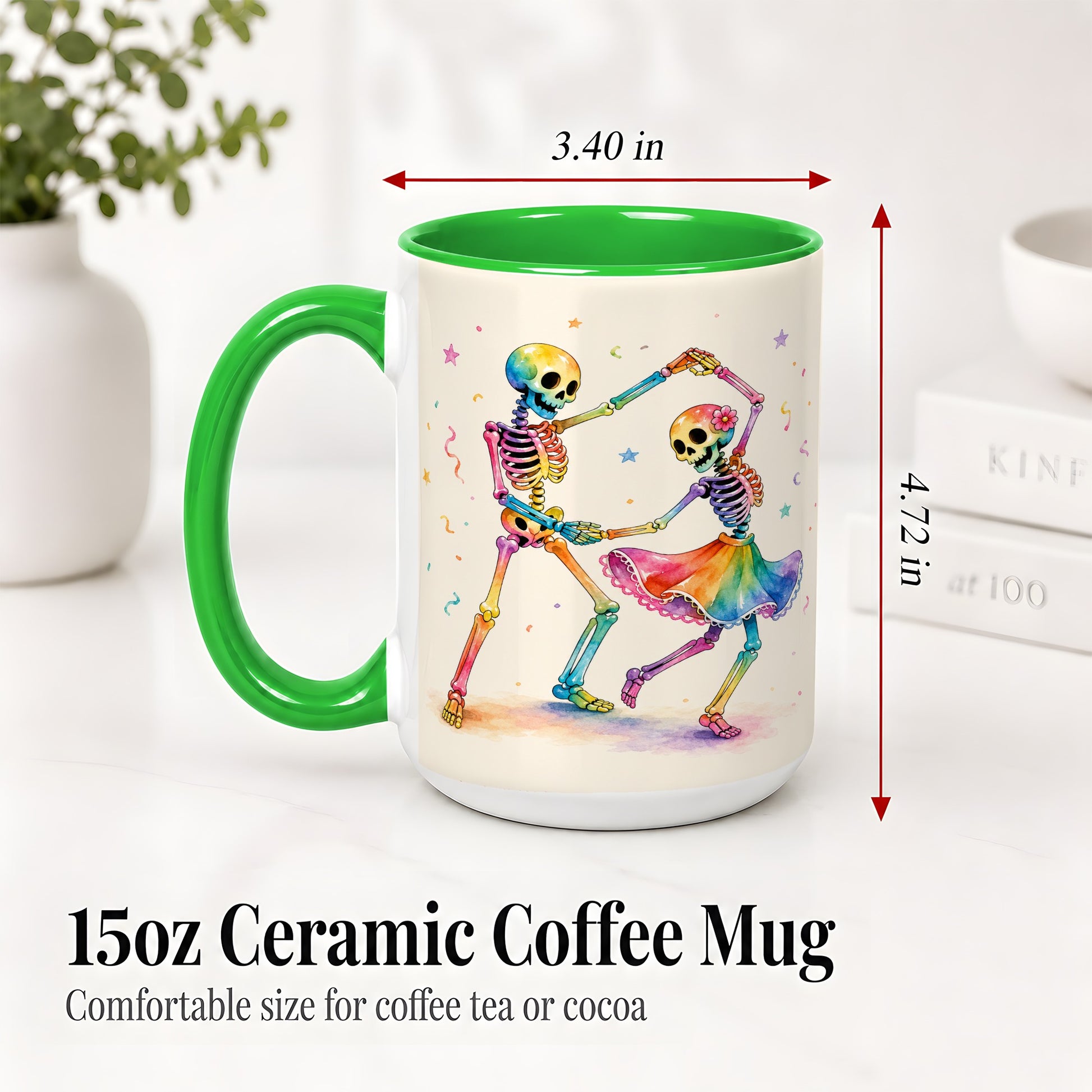 #pl[15oz|Green] Rainbow Skeleton Dance Accent Mug, Ceramic Mug with Colorful Artwork