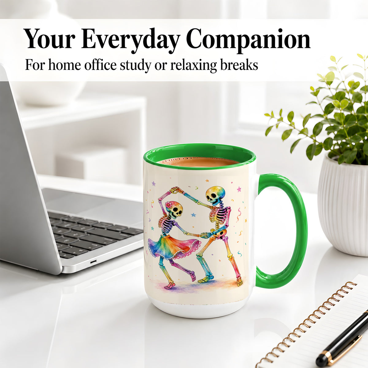 #pl[15oz|Green] Rainbow Skeleton Dance Accent Mug, Ceramic Mug with Colorful Artwork