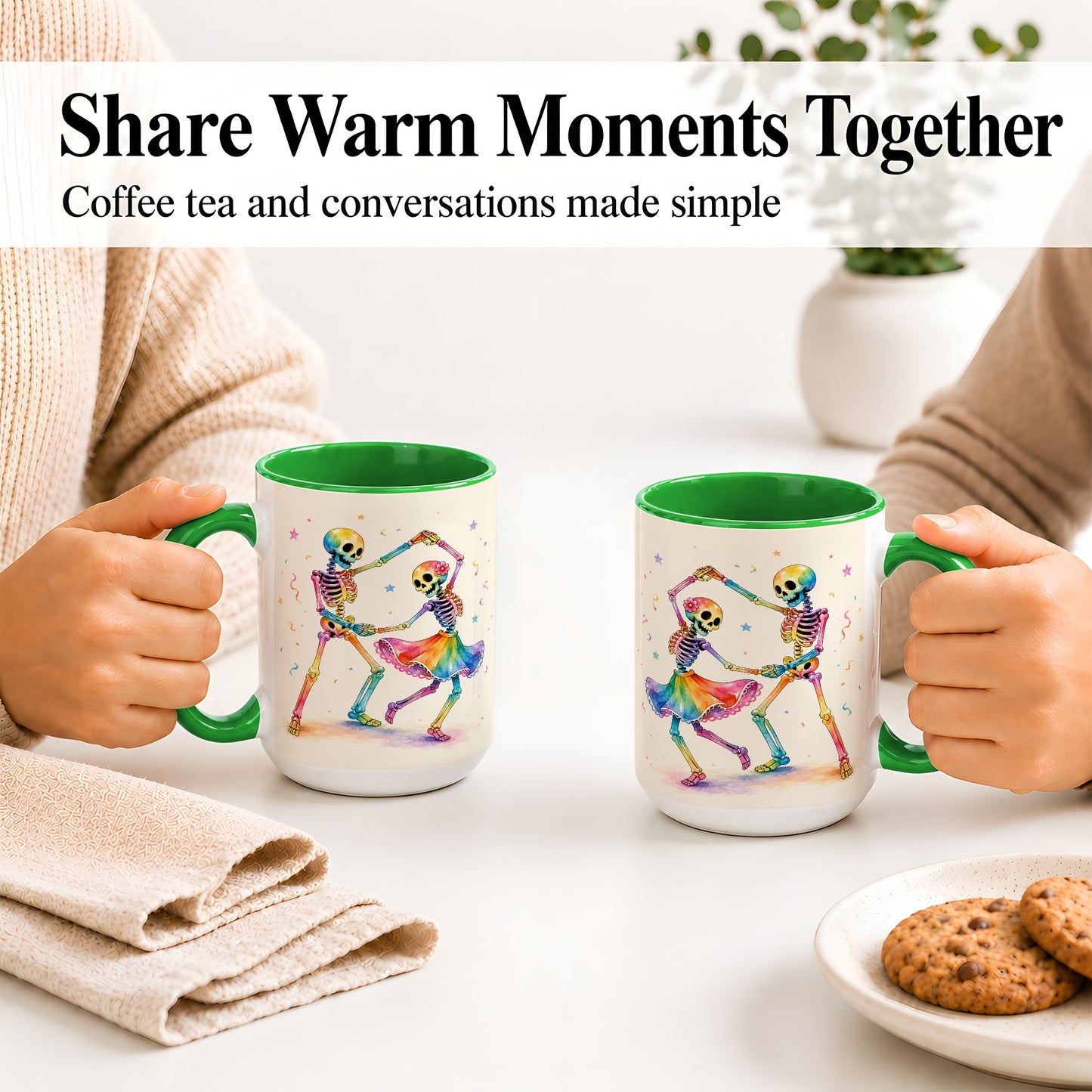 #pl[15oz|Green] Rainbow Skeleton Dance Accent Mug, Ceramic Mug with Colorful Artwork