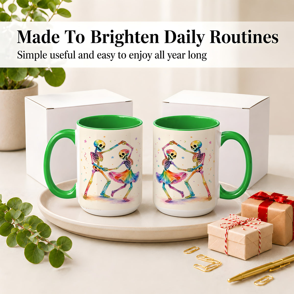 #pl[15oz|Green] Rainbow Skeleton Dance Accent Mug, Ceramic Mug with Colorful Artwork