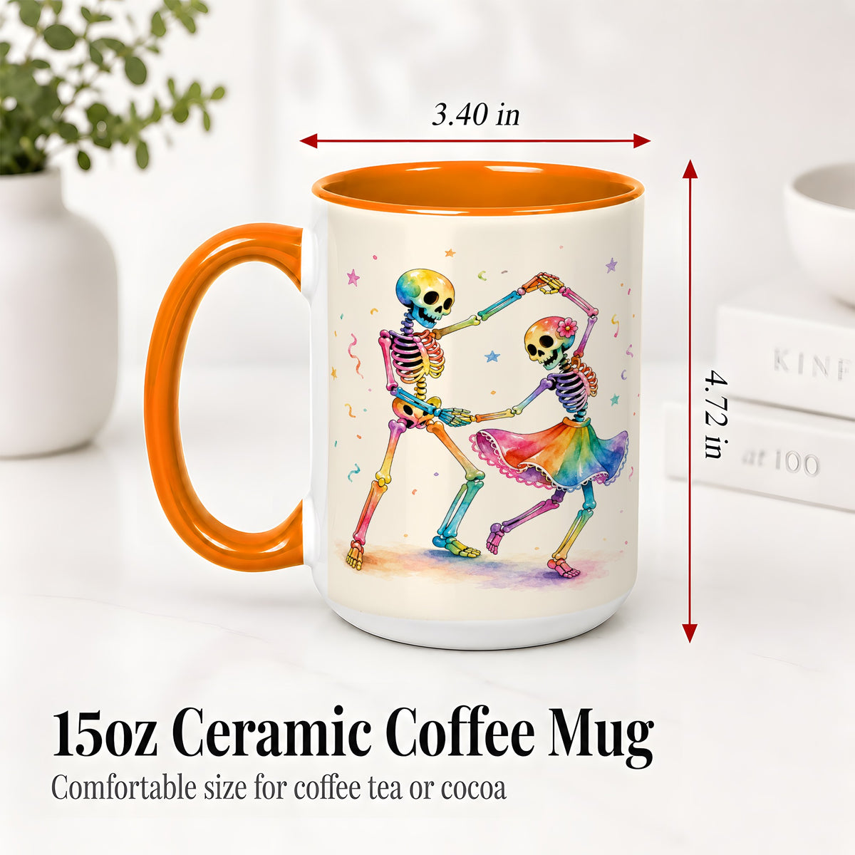 #pl[15oz|Orange] Rainbow Skeleton Dance Accent Mug, Ceramic Mug with Colorful Artwork