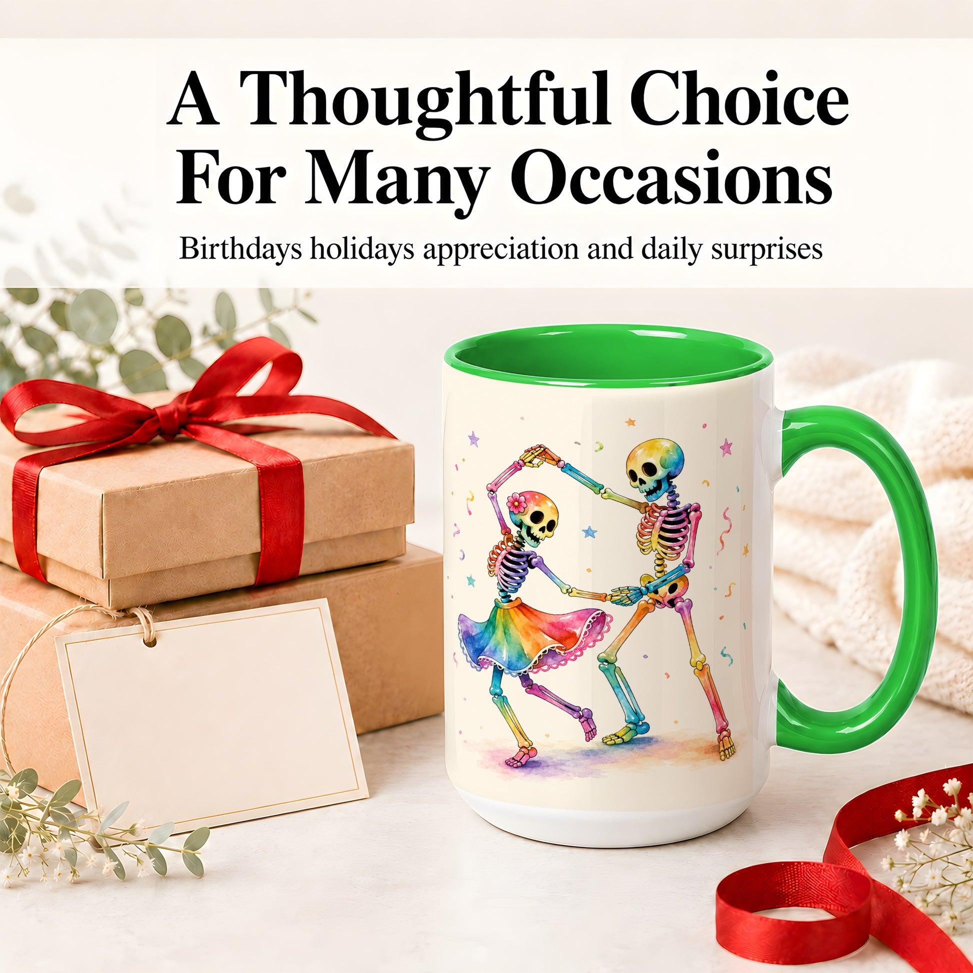 #pl[15oz|Green] Rainbow Skeleton Dance Accent Mug, Ceramic Mug with Colorful Artwork