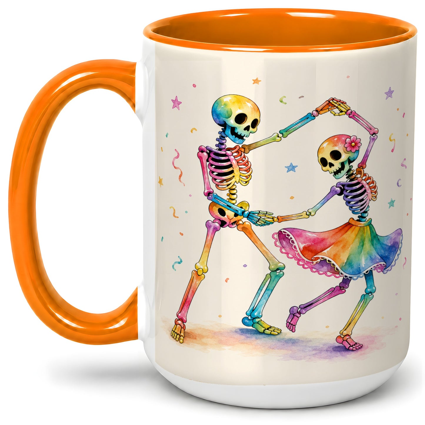 #pl[15oz|Orange] Rainbow Skeleton Dance Accent Mug, Ceramic Mug with Colorful Artwork