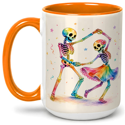 #pl[15oz|Orange] Rainbow Skeleton Dance Accent Mug, Ceramic Mug with Colorful Artwork