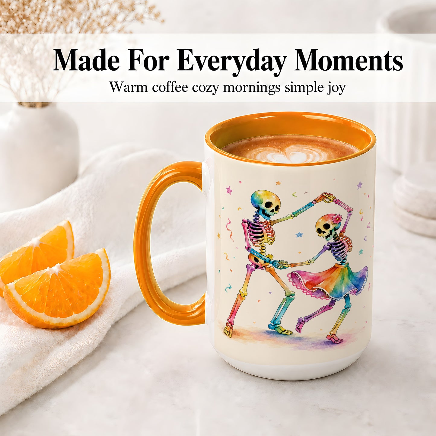 #pl[15oz|Orange] Rainbow Skeleton Dance Accent Mug, Ceramic Mug with Colorful Artwork