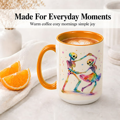 #pl[15oz|Orange] Rainbow Skeleton Dance Accent Mug, Ceramic Mug with Colorful Artwork