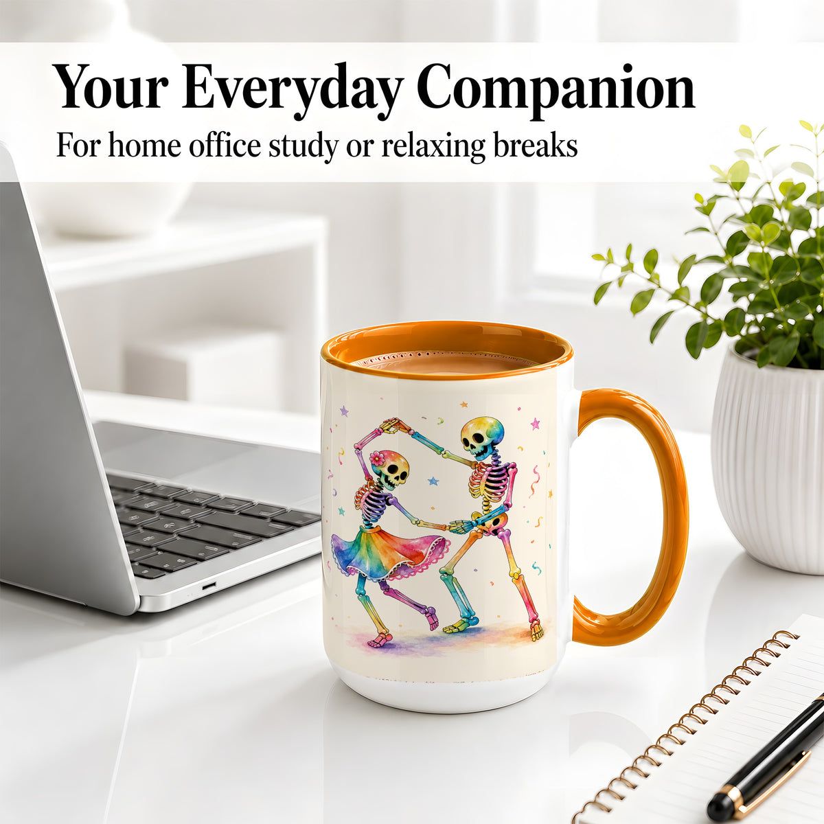 #pl[15oz|Orange] Rainbow Skeleton Dance Accent Mug, Ceramic Mug with Colorful Artwork