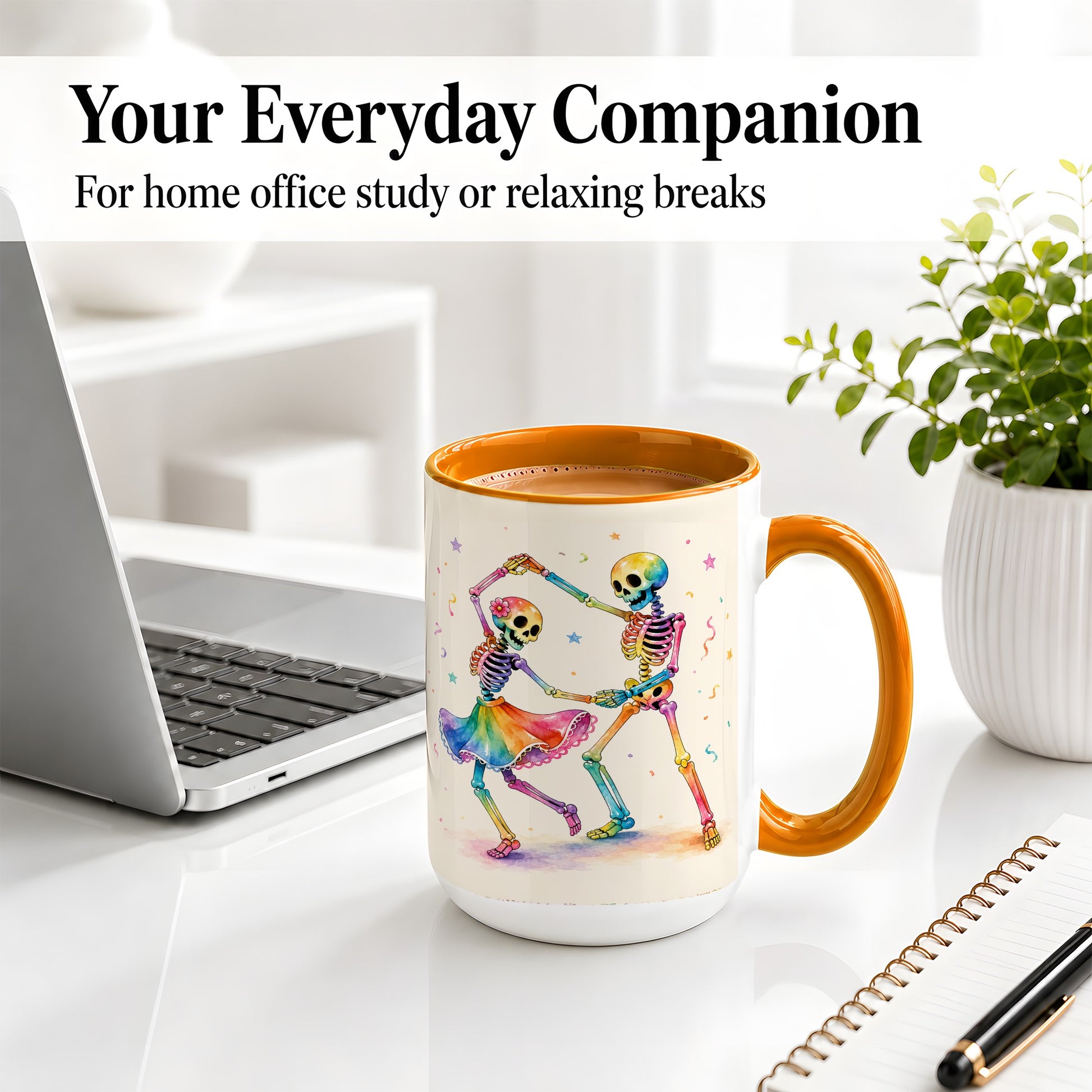 #pl[15oz|Orange] Rainbow Skeleton Dance Accent Mug, Ceramic Mug with Colorful Artwork
