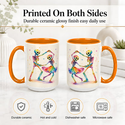 #pl[15oz|Orange] Rainbow Skeleton Dance Accent Mug, Ceramic Mug with Colorful Artwork