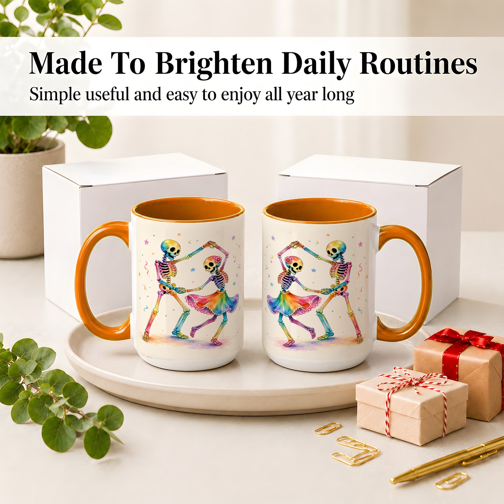 #pl[15oz|Orange] Rainbow Skeleton Dance Accent Mug, Ceramic Mug with Colorful Artwork