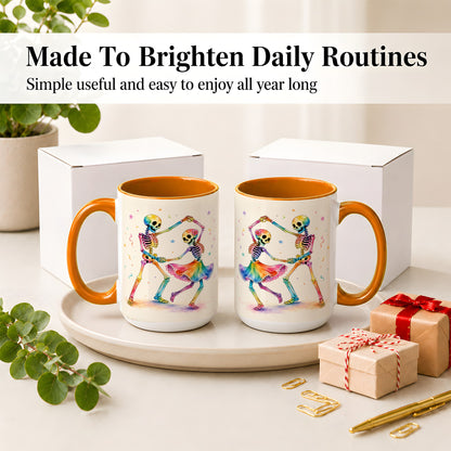 #pl[15oz|Orange] Rainbow Skeleton Dance Accent Mug, Ceramic Mug with Colorful Artwork