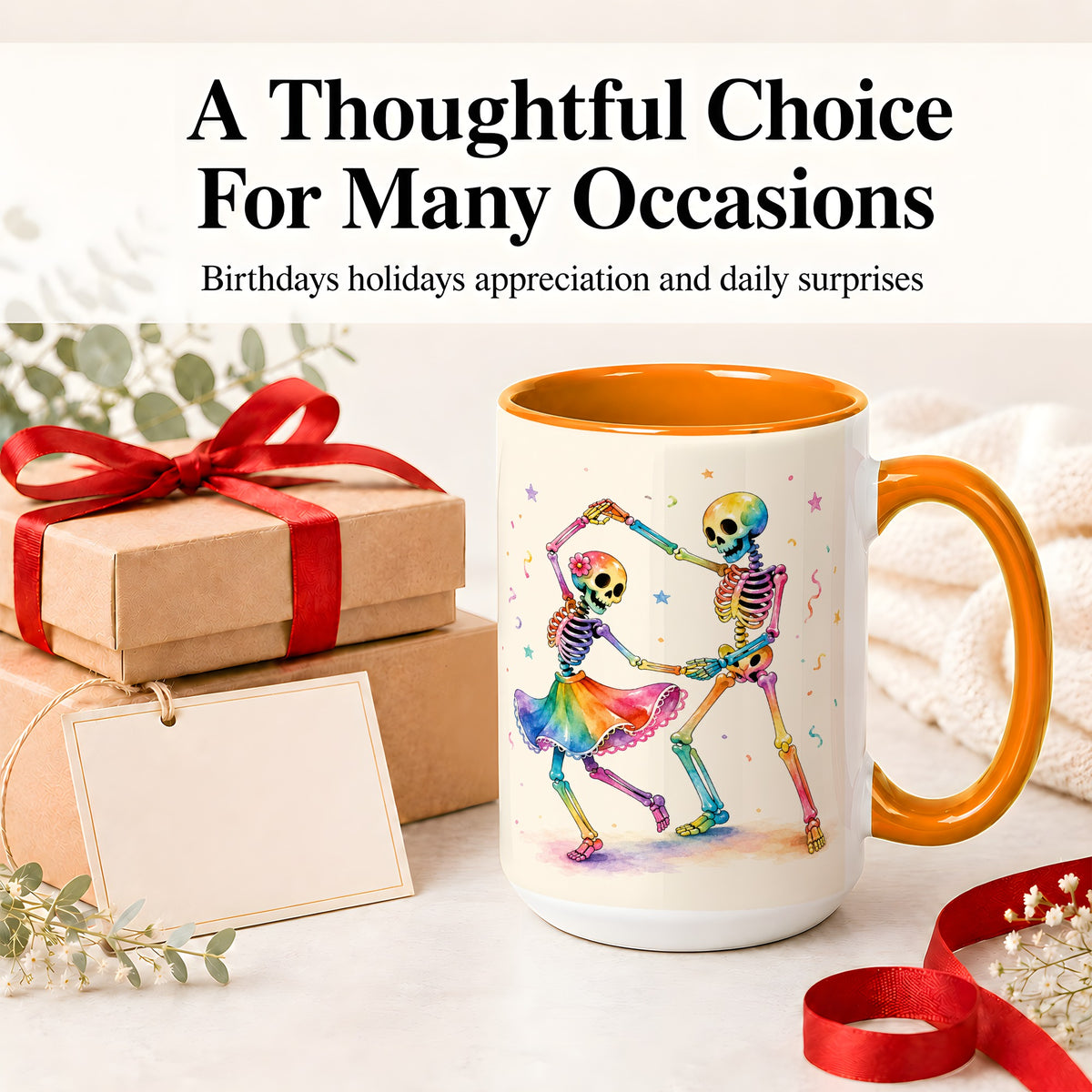 #pl[15oz|Orange] Rainbow Skeleton Dance Accent Mug, Ceramic Mug with Colorful Artwork