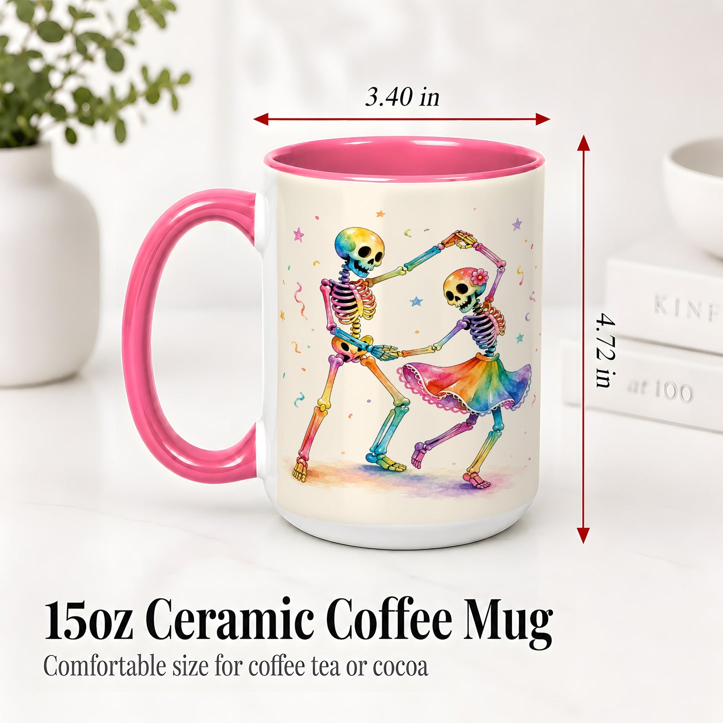 #pl[15oz|Pink] Rainbow Skeleton Dance Accent Mug, Ceramic Mug with Colorful Artwork