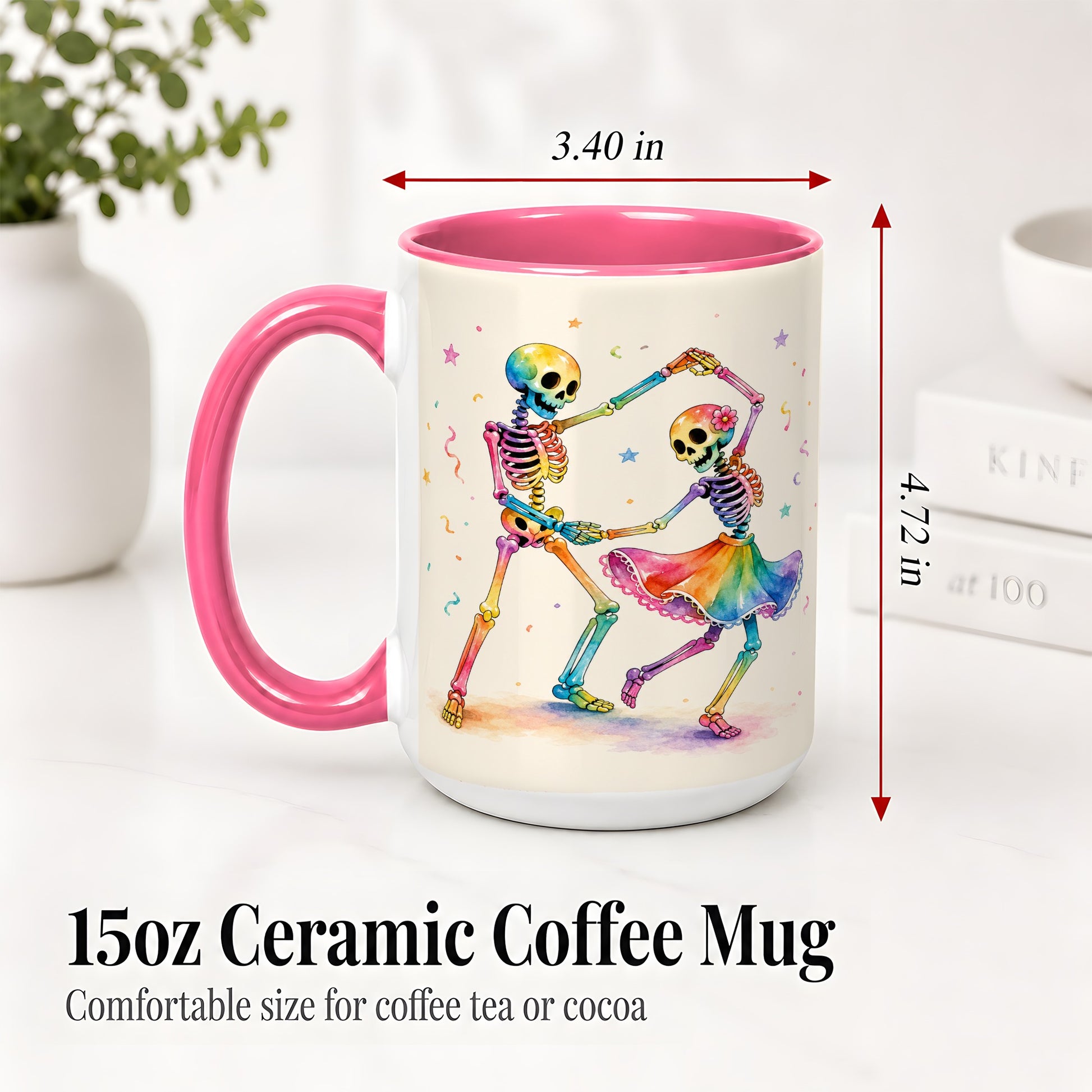 #pl[15oz|Pink] Rainbow Skeleton Dance Accent Mug, Ceramic Mug with Colorful Artwork