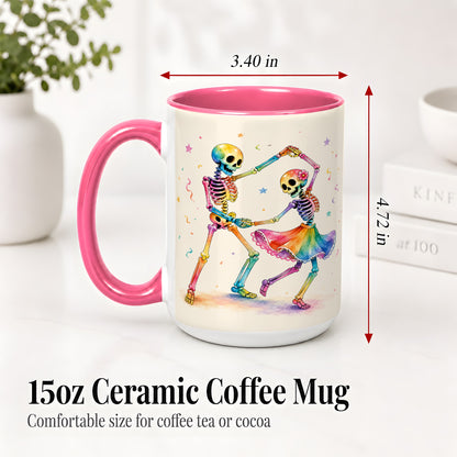 #pl[15oz|Pink] Rainbow Skeleton Dance Accent Mug, Ceramic Mug with Colorful Artwork