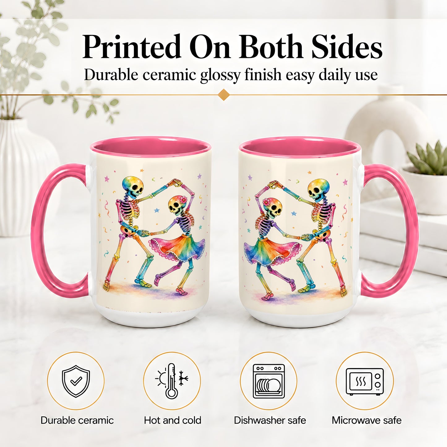 #pl[15oz|Pink] Rainbow Skeleton Dance Accent Mug, Ceramic Mug with Colorful Artwork