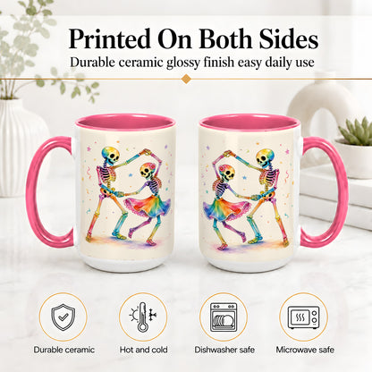 #pl[15oz|Pink] Rainbow Skeleton Dance Accent Mug, Ceramic Mug with Colorful Artwork