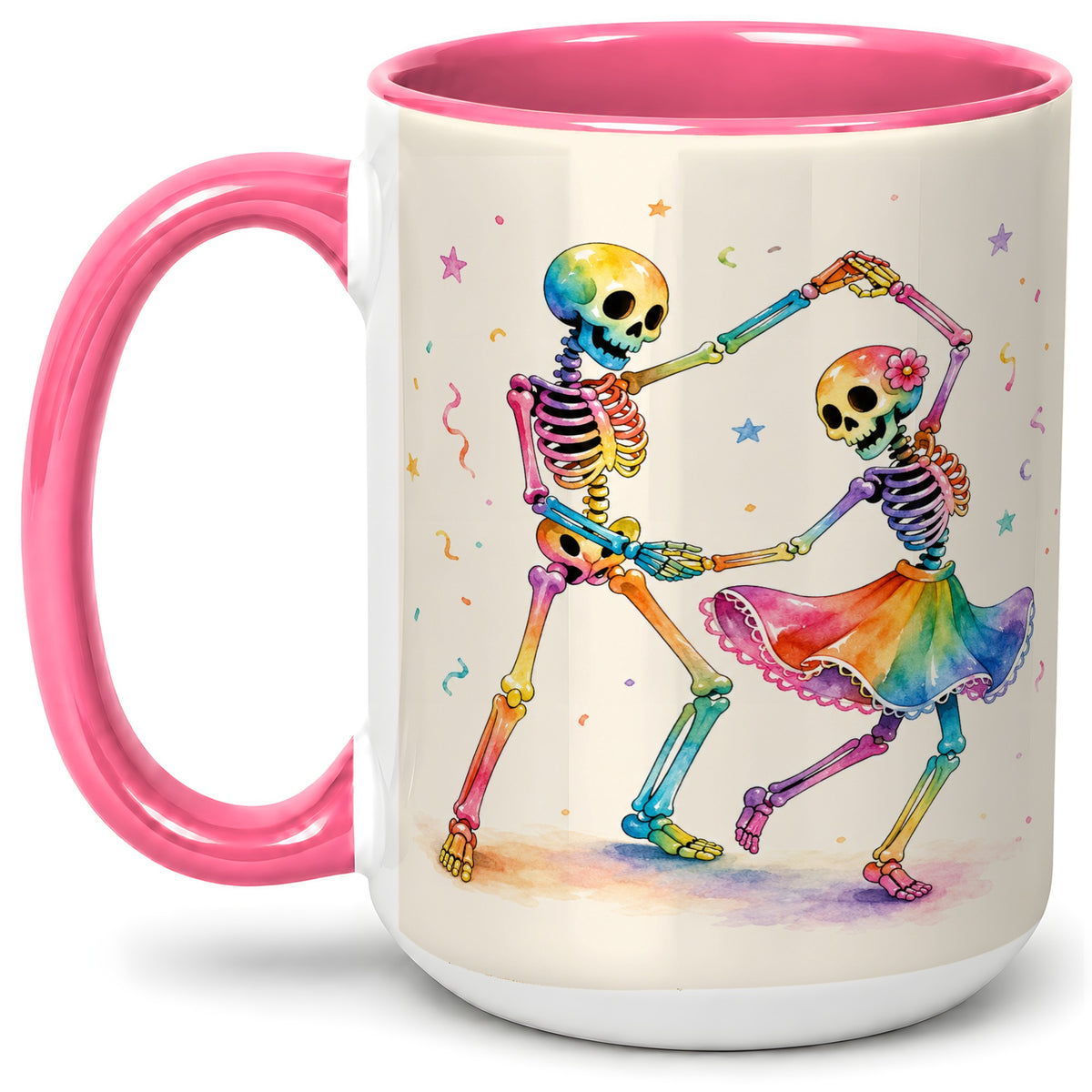 #pl[15oz|Pink] Rainbow Skeleton Dance Accent Mug, Ceramic Mug with Colorful Artwork