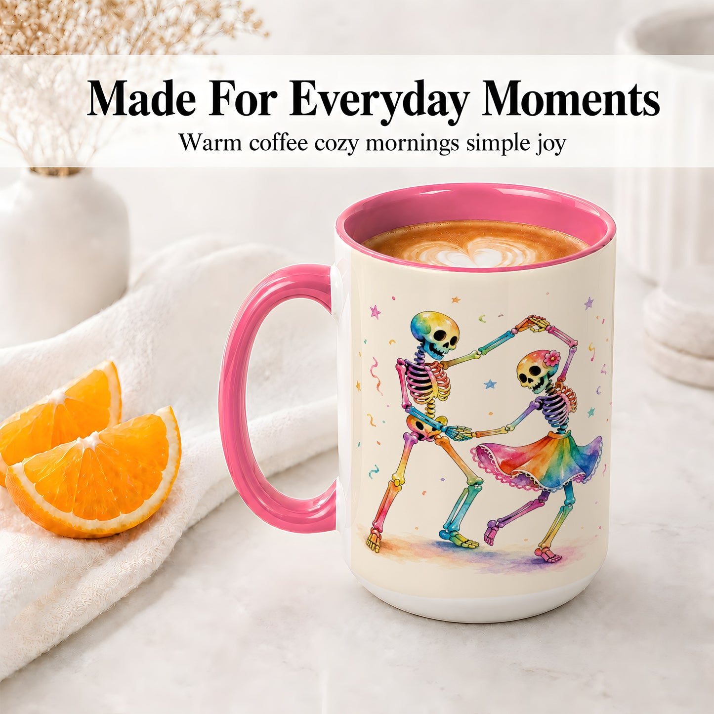 #pl[15oz|Pink] Rainbow Skeleton Dance Accent Mug, Ceramic Mug with Colorful Artwork