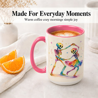 #pl[15oz|Pink] Rainbow Skeleton Dance Accent Mug, Ceramic Mug with Colorful Artwork