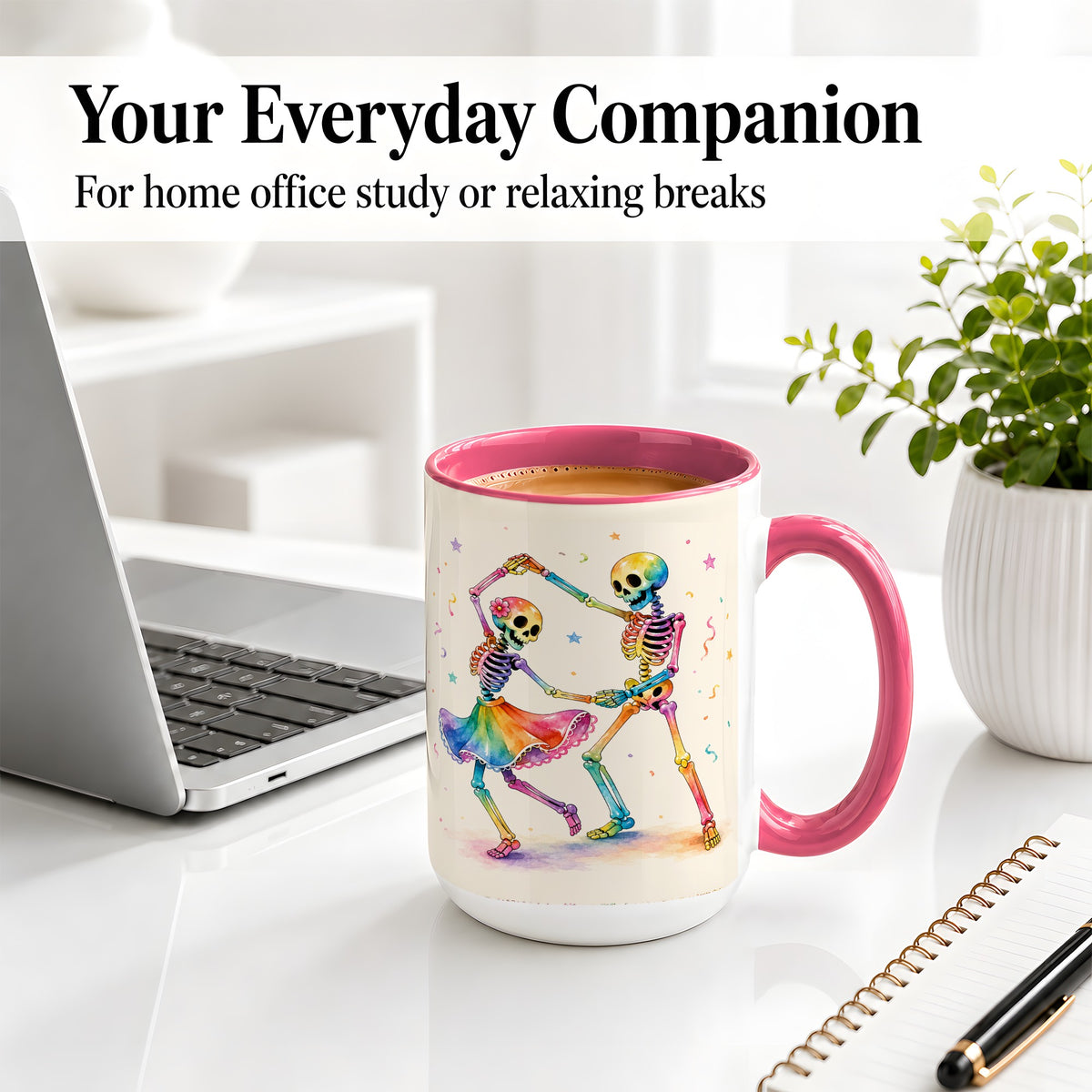 #pl[15oz|Pink] Rainbow Skeleton Dance Accent Mug, Ceramic Mug with Colorful Artwork