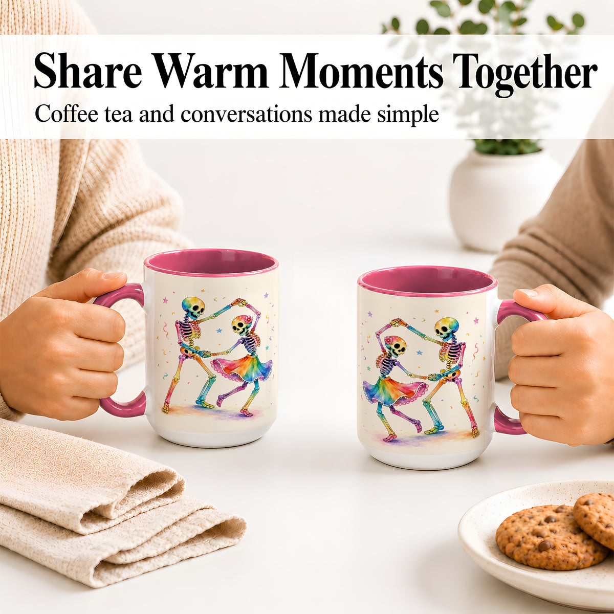 #pl[15oz|Pink] Rainbow Skeleton Dance Accent Mug, Ceramic Mug with Colorful Artwork