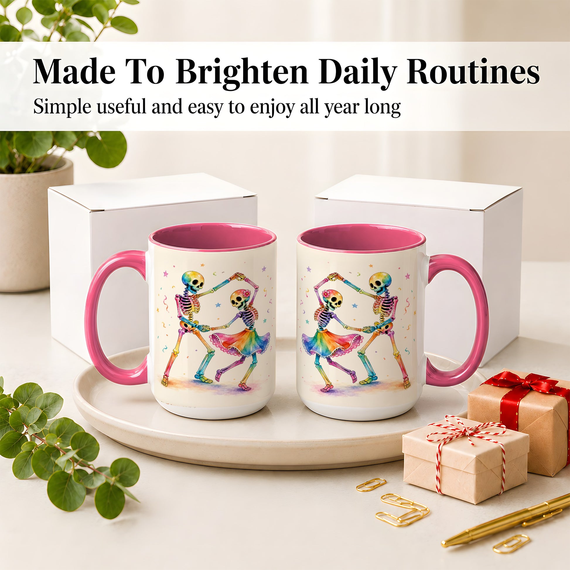 #pl[15oz|Pink] Rainbow Skeleton Dance Accent Mug, Ceramic Mug with Colorful Artwork