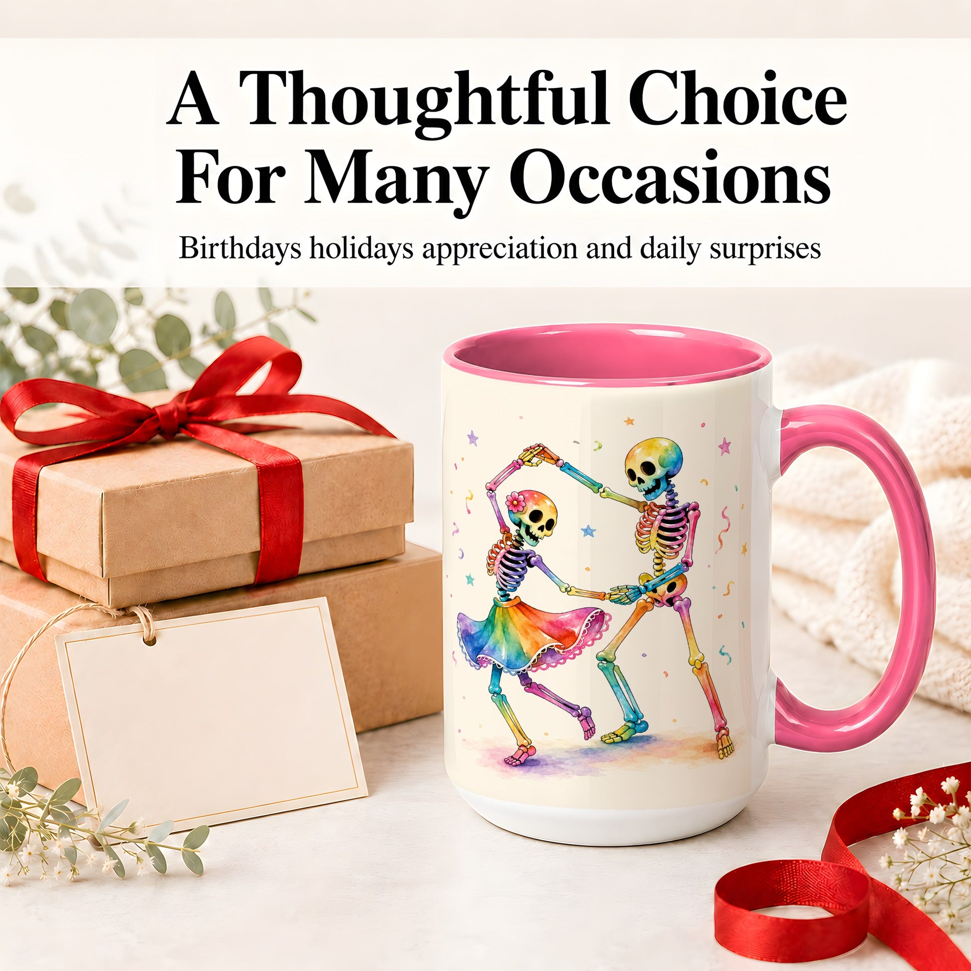 #pl[15oz|Pink] Rainbow Skeleton Dance Accent Mug, Ceramic Mug with Colorful Artwork