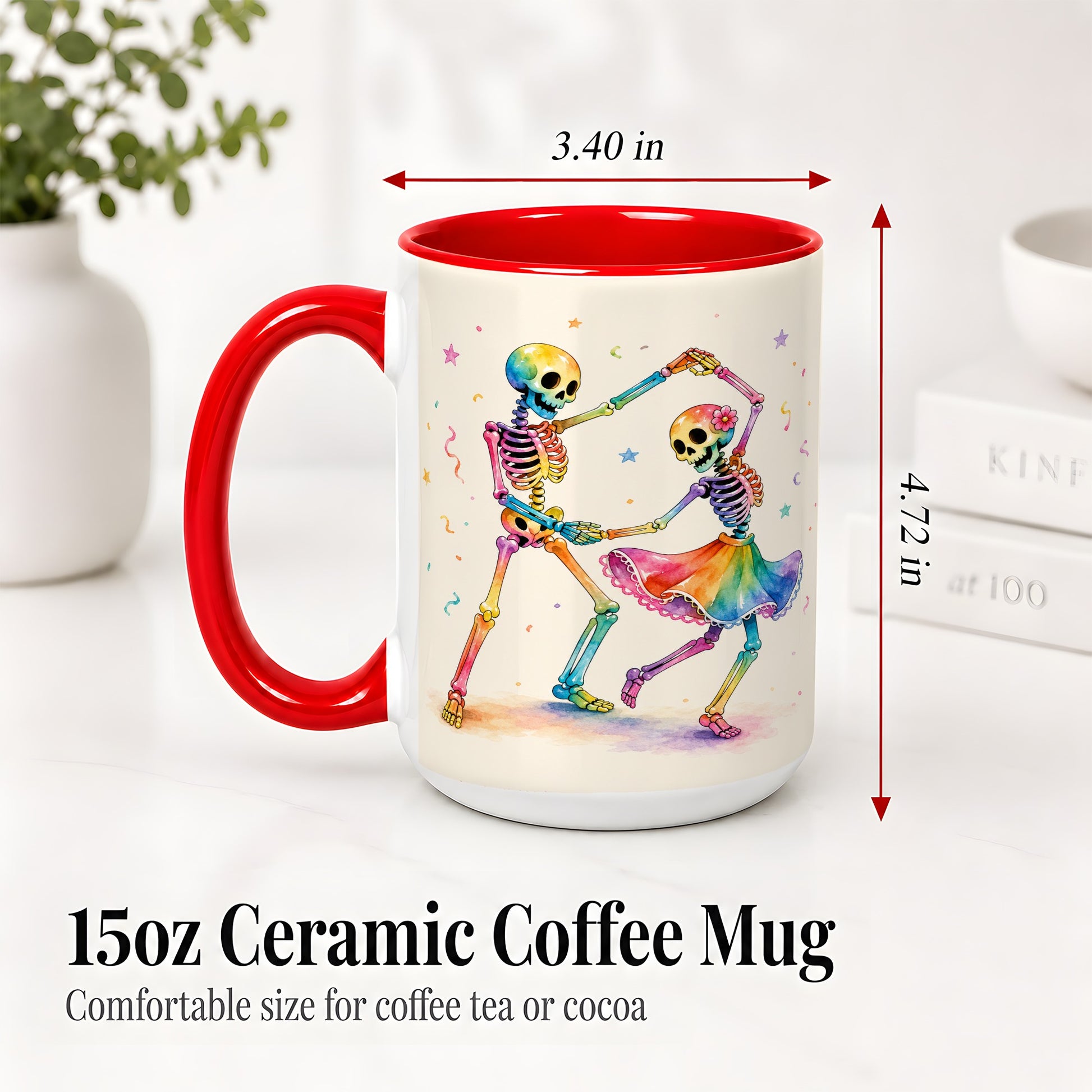 #pl[15oz|Red] Rainbow Skeleton Dance Accent Mug, Ceramic Mug with Colorful Artwork