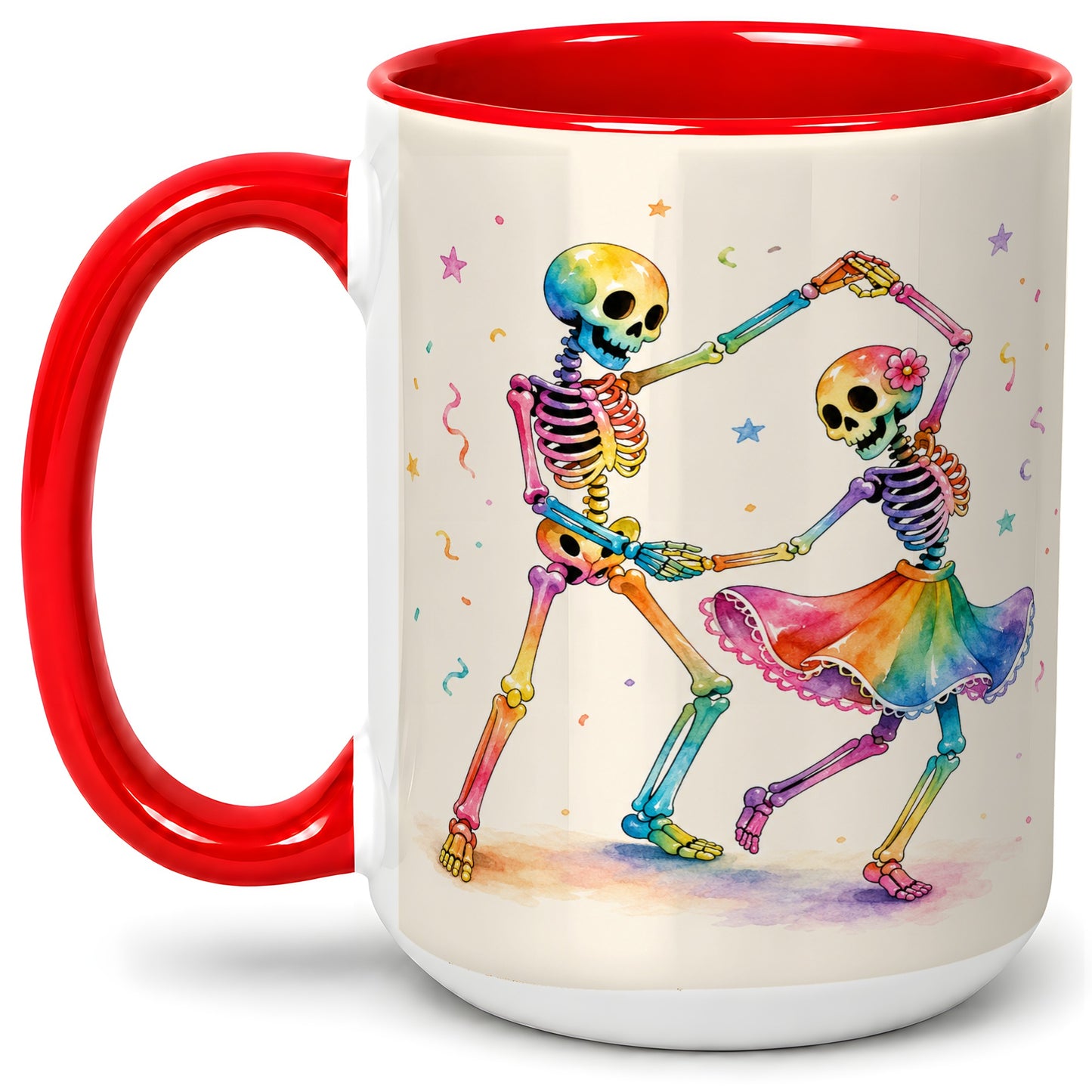#pl[15oz|Red] Rainbow Skeleton Dance Accent Mug, Ceramic Mug with Colorful Artwork