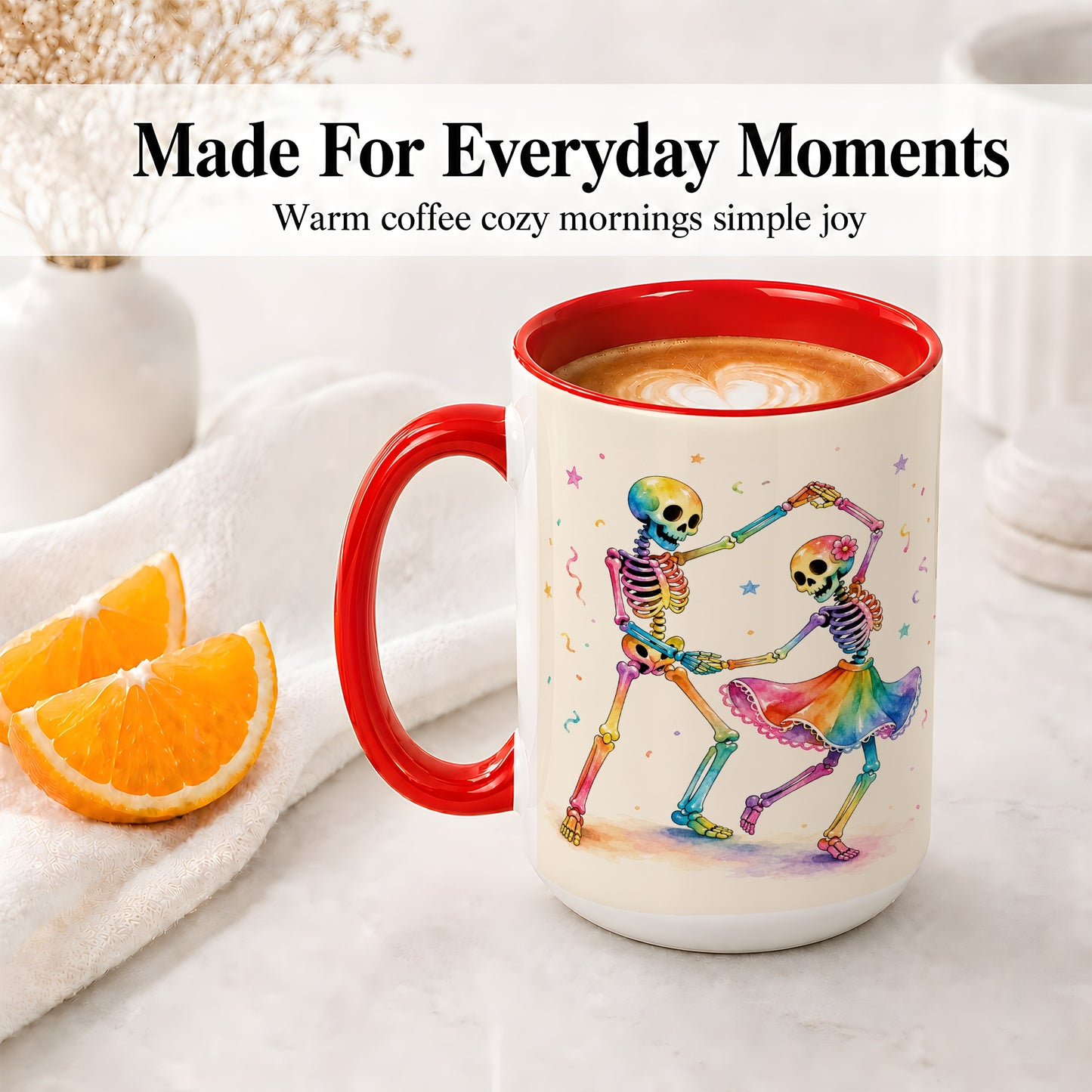 #pl[15oz|Red] Rainbow Skeleton Dance Accent Mug, Ceramic Mug with Colorful Artwork