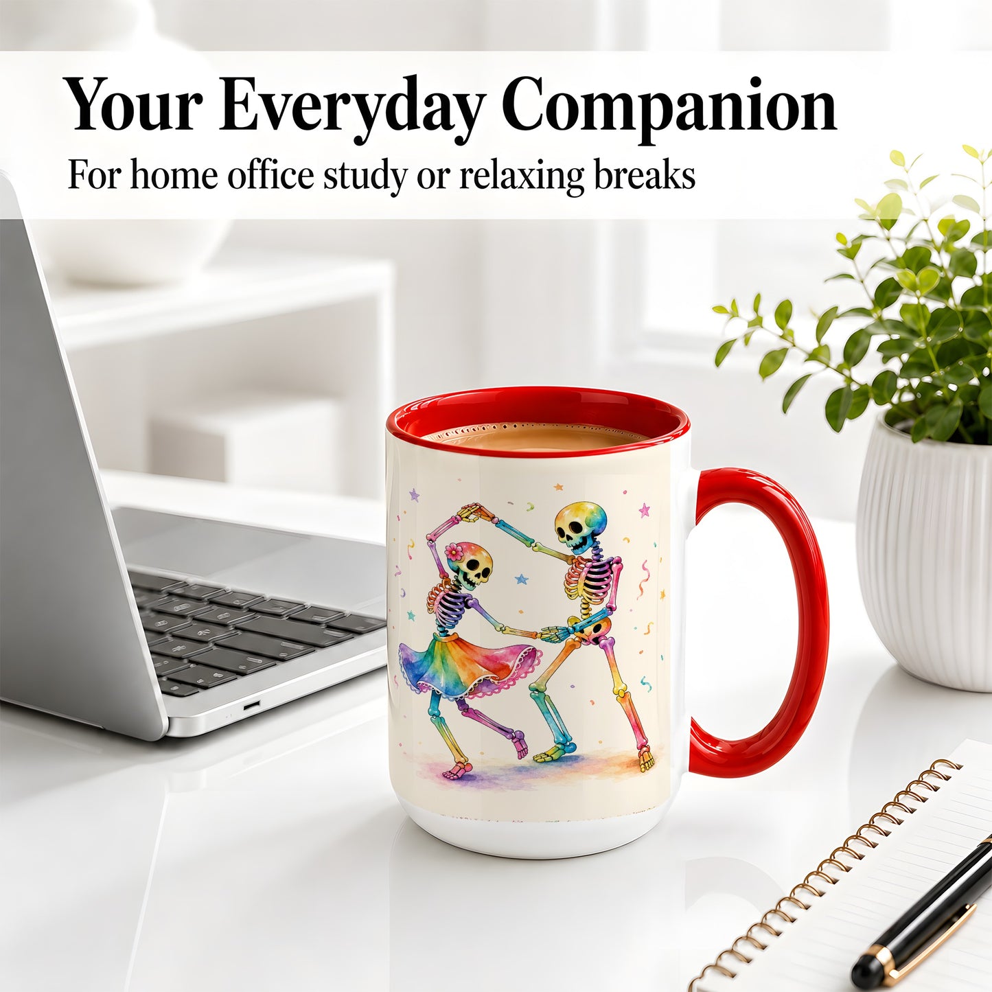 #pl[15oz|Red] Rainbow Skeleton Dance Accent Mug, Ceramic Mug with Colorful Artwork