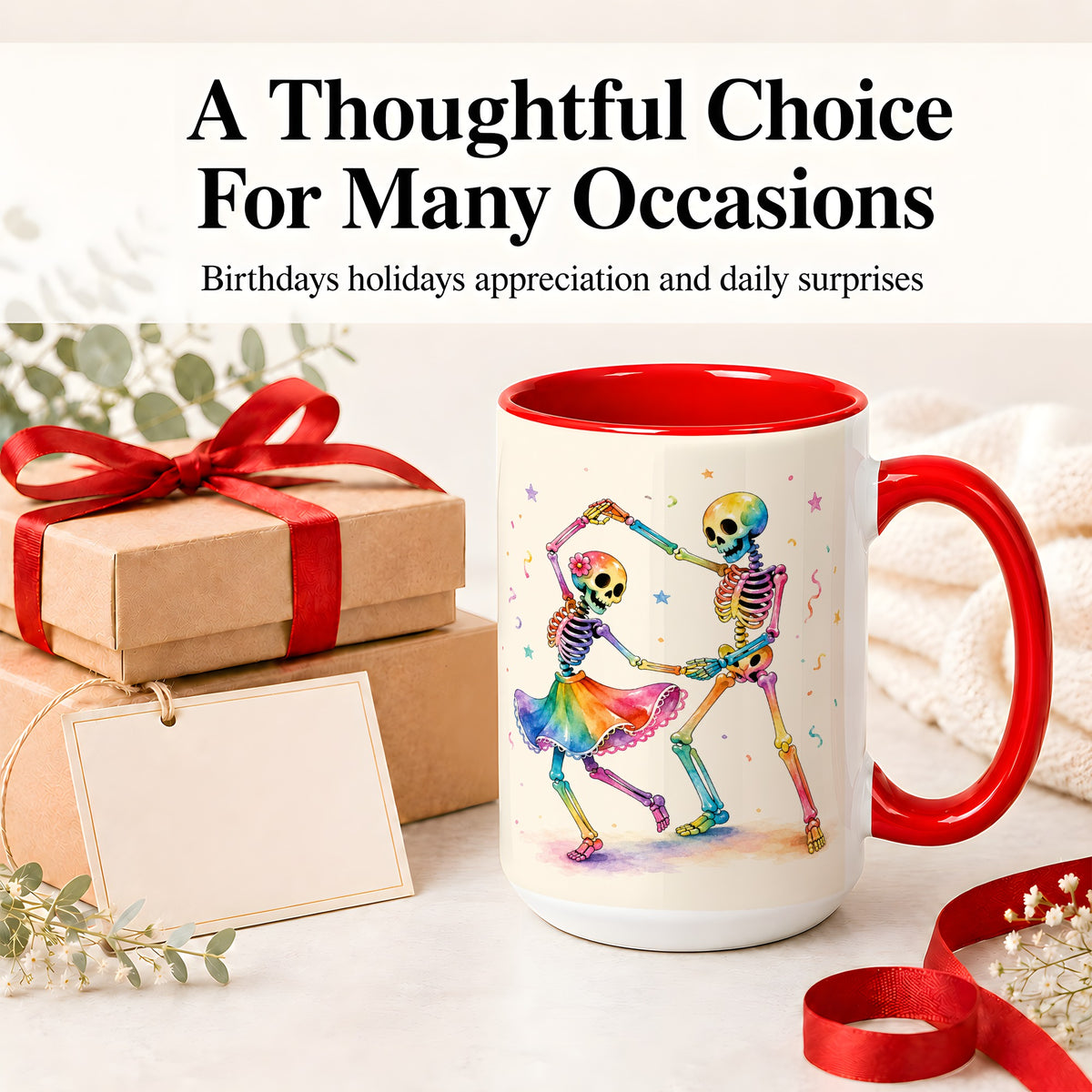 #pl[15oz|Red] Rainbow Skeleton Dance Accent Mug, Ceramic Mug with Colorful Artwork